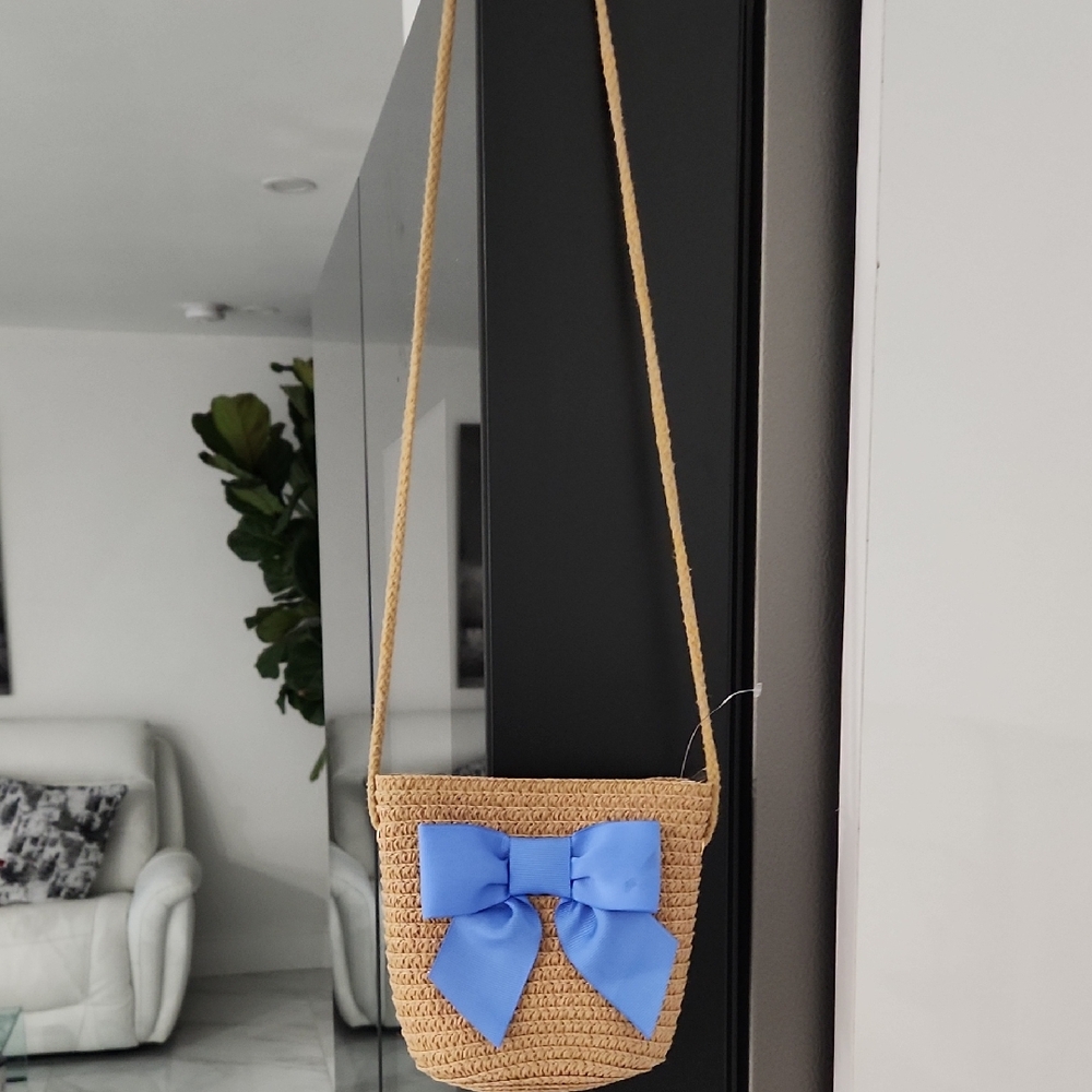 Straw Crossbody Bag with Blue Bow